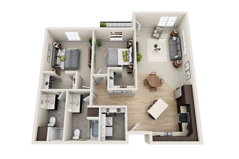 Floor plan for 2 beds, 2 baths, 1233 sqft